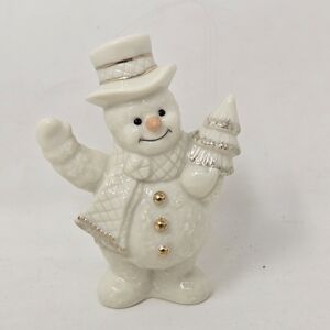 LENOX COLLECTIONS Ivory Fine China & 24K Gold Snowman Figurine Sculpture w/ Tree